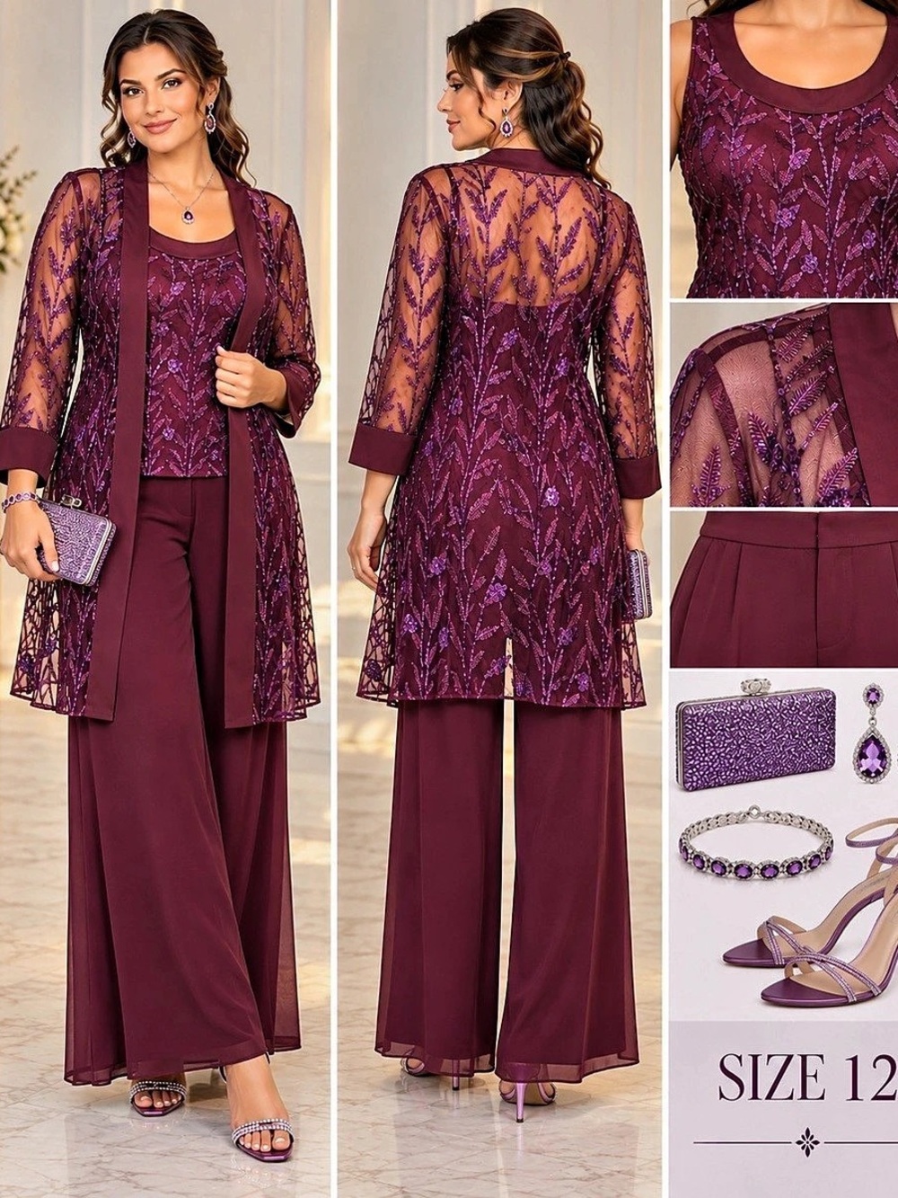 R&M Richards Sequin Lace Open Jacket and Pant Set Purple Size 12